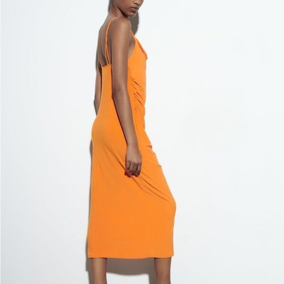 Zara Draped Neck Dress with thin double straps in back Orange L NWT - Picture 3 of 10